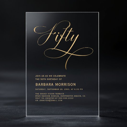 Elegant Script Fifty Black Gold 50ste Verjaardag Acryl Uitnodigingen