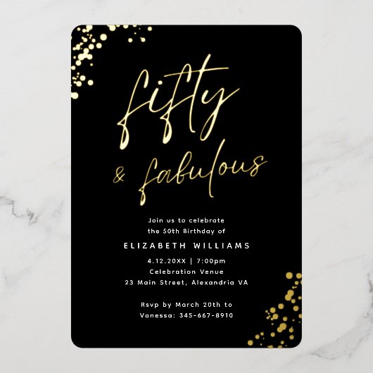Elegant Script Fifty en Fabulous Birthday Gold Folie Uitnodiging (Voorkant)
