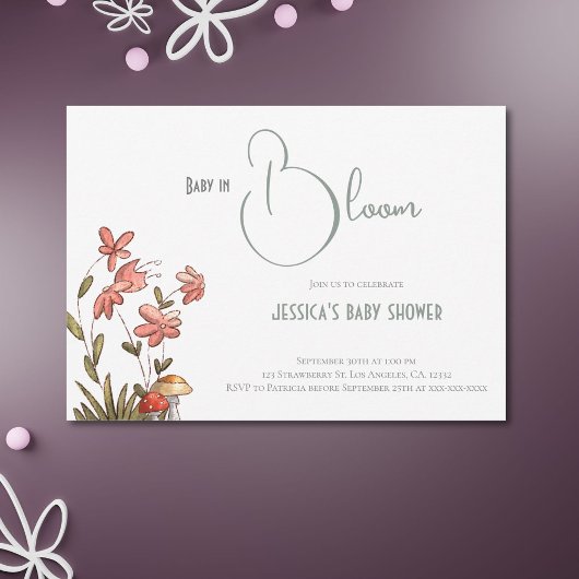 Elegant Script Floral Baby in Bloom Baby shower Kaart