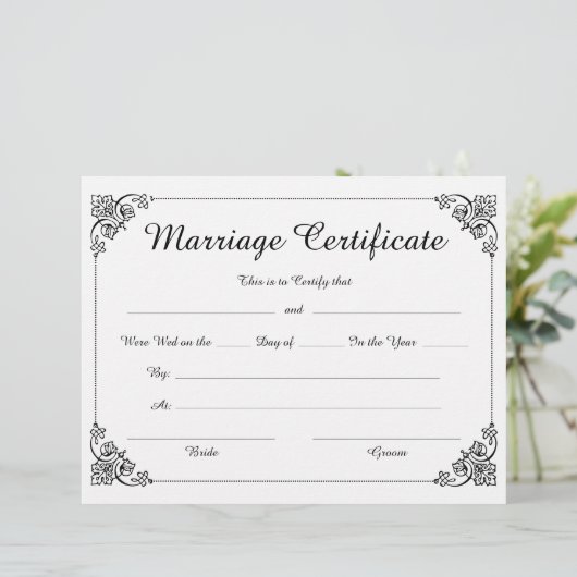 Elegant Script Floral Border Huwelijkscertificaat (Staand voorkant)