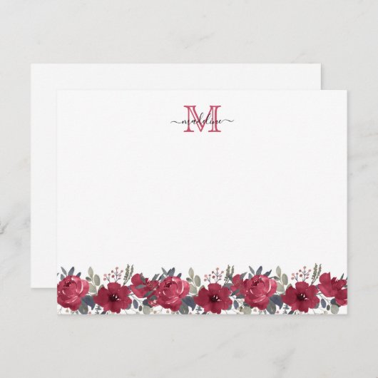 Elegant Script Floral Burgundy Red Monogram Notitiekaartje (Voorkant / Achterkant)