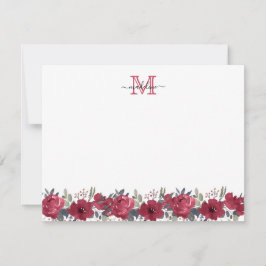 Elegant Script Floral Burgundy Red Monogram Notitiekaartje