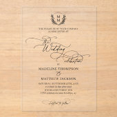 Elegant Script Floral Crest Monogram Huwelijk Acryl Uitnodigingen (Voorkant)