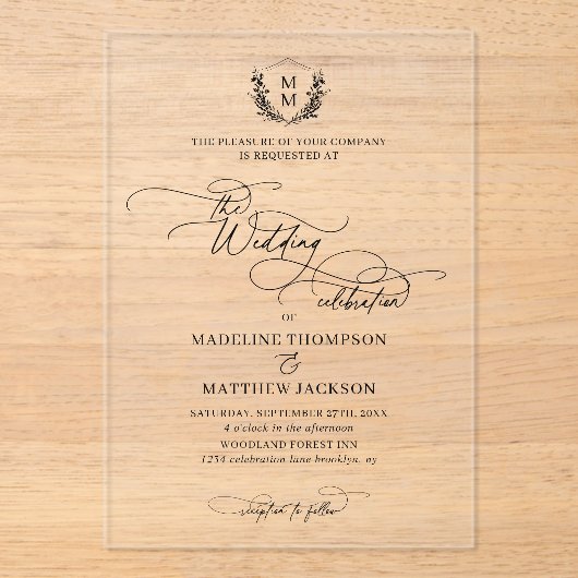 Elegant Script Floral Crest Monogram Huwelijk Acryl Uitnodigingen (Voorkant)