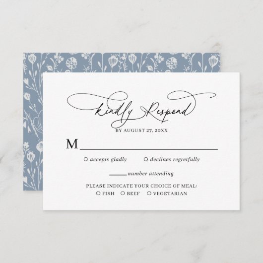 Elegant Script Floral Dusty Blue Wedding RSVP Informatiekaartje (Voorkant / Achterkant)