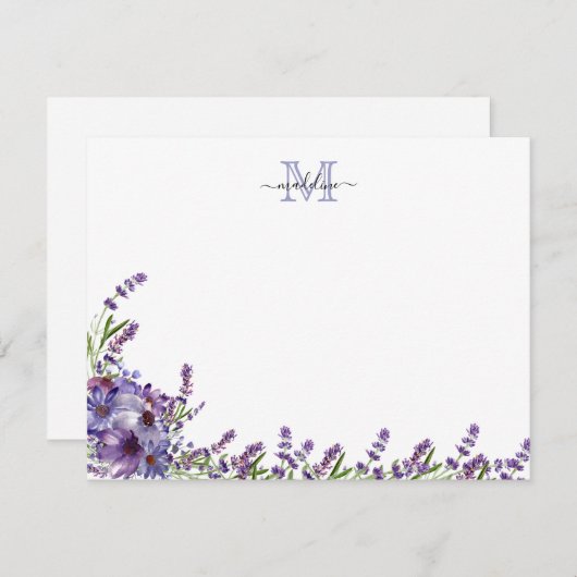 Elegant Script Floral Paars Lavender Monogram niet Notitiekaartje (Voorkant / Achterkant)