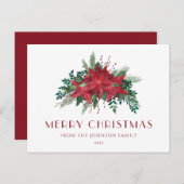 Elegant Script Floral Poinsettia Merry kerst Briefkaart (Voorkant / Achterkant)