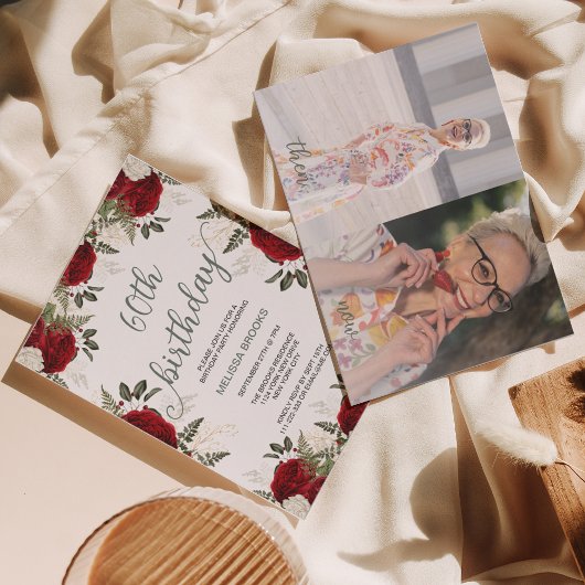 Elegant Script Floral Red Rose Foto 60e verjaardag Kaart