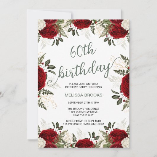 Elegant Script Floral Red Rose Foto 60e verjaardag Kaart (Voorkant)