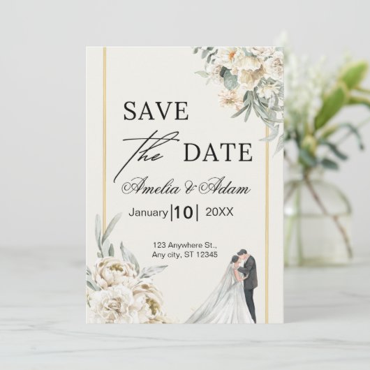 Elegant Script Floral Sla de datumaankondiging op Save The Date (Staand voorkant)