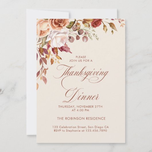 Elegant Script Floral Thanksgiving Diner Kaart (Voorkant)