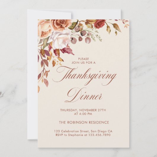Elegant Script Floral Thanksgiving Diner Kaart (Voorkant)