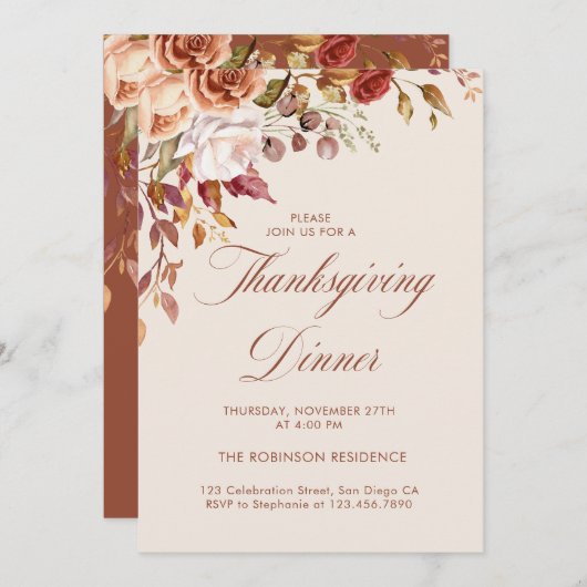 Elegant Script Floral Thanksgiving Diner Kaart (Voorkant / Achterkant)