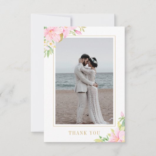 Elegant Script Floral Waterverf Wedding Foto Bedankkaart (Voorkant)