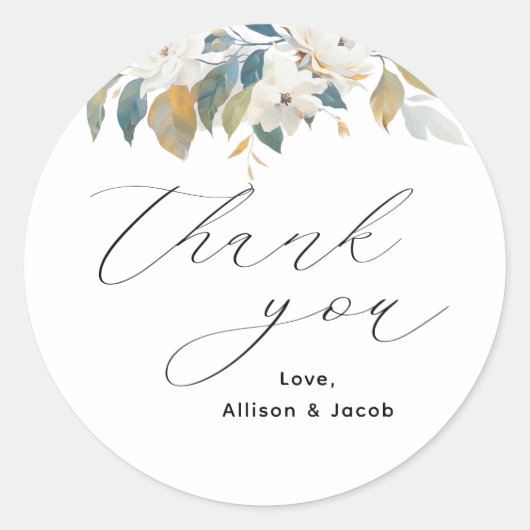 Elegant Script Floral Wedding Dank u Ronde Sticker (Voorkant)