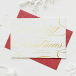 Elegant Script Flourish Merry Christmas Folie Feestdagenkaart<br><div class="desc">vrolijk kerstfeest! Stuur uw vakantiegroeten naar familie en vrienden met deze aanpasbare kerstkaart. Het heeft een elegant schrift met bloeiende accenten. Personaliseer door uw gegevens toe te voegen. Deze gouden folie kerstkaart is verkrijgbaar in andere kleuren en karton,  perfect als een zakelijke en persoonlijke kerstkaart.</div>