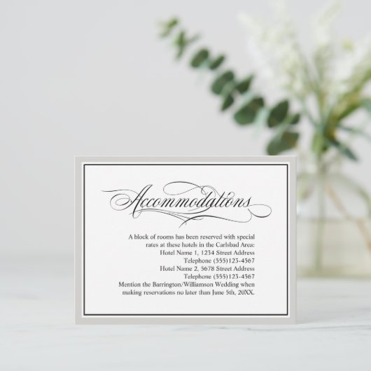 Elegant Script Flourishes Wedding Accommodations Briefkaart (Staand voorkant)