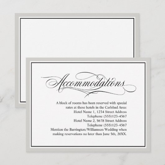Elegant Script Flourishes Wedding Accommodations Briefkaart (Voorkant / Achterkant)