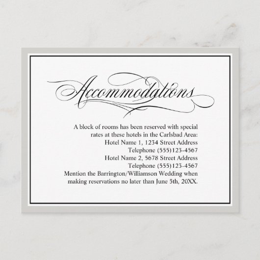 Elegant Script Flourishes Wedding Accommodations Briefkaart (Voorkant)