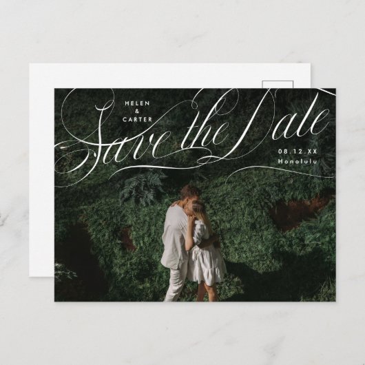 Elegant Script Flourishing Photo Sla de datum op Aankondigingskaart (Voorkant / Achterkant)