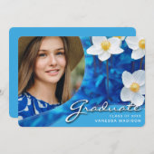 Elegant Script Flowers Blue | Modern Photo Afstude Aankondiging (Voorkant / Achterkant)