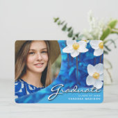 Elegant Script Flowers Blue | Modern Photo Afstude Aankondiging (Staand voorkant)