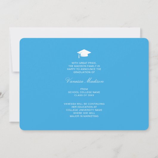 Elegant Script Flowers Blue | Modern Photo Afstude Aankondiging (Achterkant)