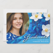 Elegant Script Flowers Blue | Modern Photo Afstude Aankondiging (Voorkant)