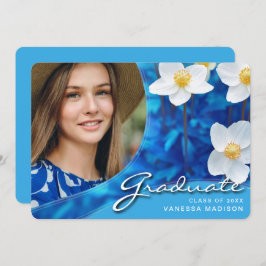 Elegant Script Flowers Blue | Modern Photo Afstude Aankondiging