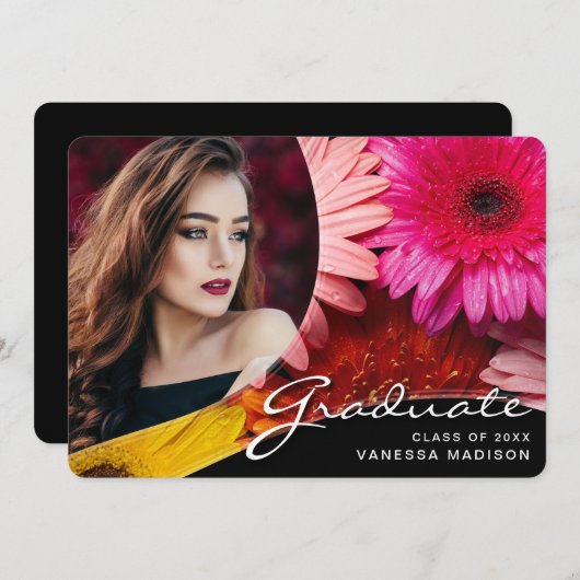 Elegant Script Flowers | Modern Photo Afstudeerder Aankondiging (Voorkant / Achterkant)