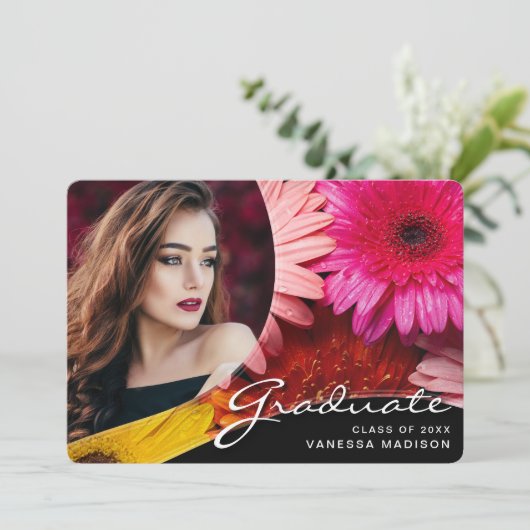 Elegant Script Flowers | Modern Photo Afstudeerder Aankondiging (Staand voorkant)