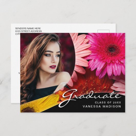 Elegant Script Flowers | Modern Photo Afstudeerder Briefkaart (Voorkant / Achterkant)