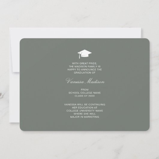 Elegant Script Flowers Sage | Modern Photo Afstude Aankondiging (Achterkant)