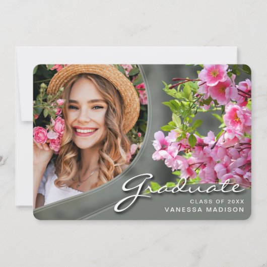 Elegant Script Flowers Sage | Modern Photo Afstude Aankondiging (Voorkant)