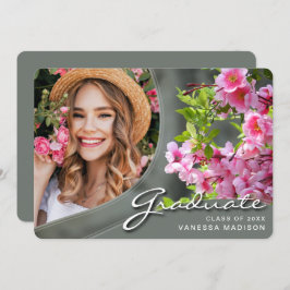 Elegant Script Flowers Sage | Modern Photo Afstude Aankondiging