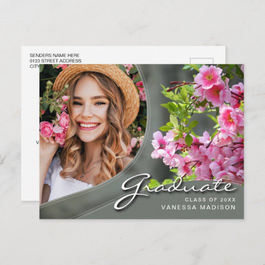 Elegant Script Flowers Sage | Modern Photo Afstude Briefkaart (Voorkant / Achterkant)