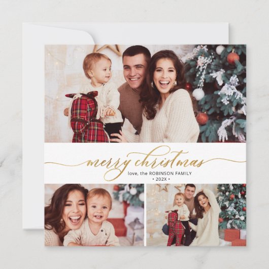 Elegant Script Foliage 3 Multi Photo Christmas Feestdagenkaart (Voorkant)
