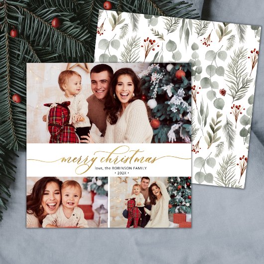 Elegant Script Foliage 3 Multi Photo Christmas Feestdagenkaart