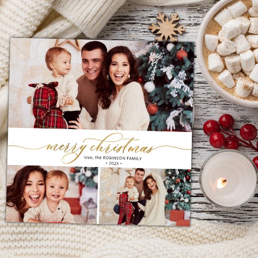 Elegant Script Foliage 3 Multi Photo Christmas Feestdagenkaart