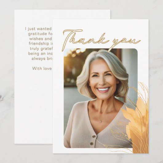 Elegant Script Foliage Fotoverjaardag Bedankkaart (Voorkant / Achterkant)