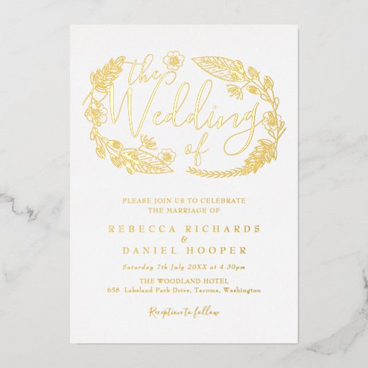 Elegant Script Foliage Wedding Gold Foil Invitatio Folie Uitnodiging (Voorkant)