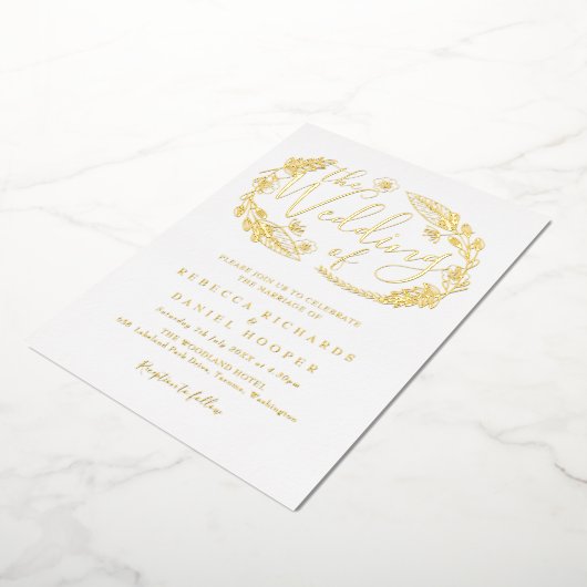 Elegant Script Foliage Wedding Gold Foil Invitatio Folie Uitnodiging (Gedraaid)