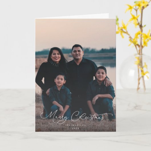 Elegant Script Font Merry Christmas Photo Kaart (Gele Bloem)