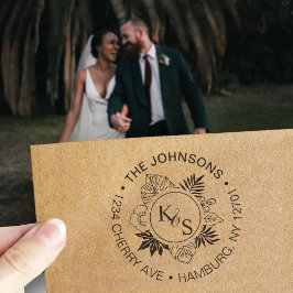 Elegant Script Font Tropical Wreath Monogram Zelfinktende Stempel