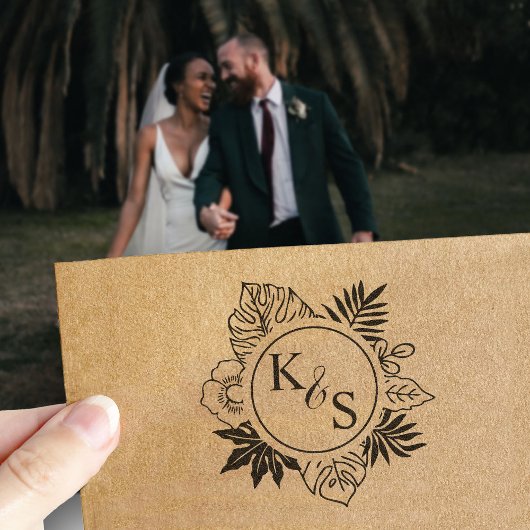 Elegant Script Font Tropical Wreath Monogram Zelfinktende Stempel