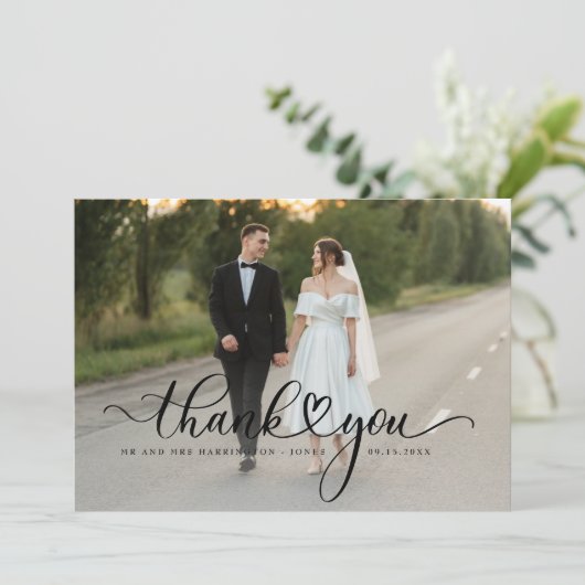 Elegant Script Font Trouwfoto Dank u kaart (Staand voorkant)