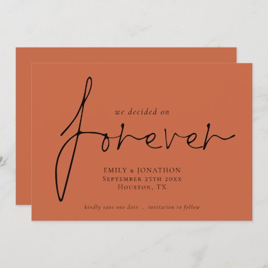 Elegant Script for ever QR code Terracotta Save The Date (Voorkant / Achterkant)