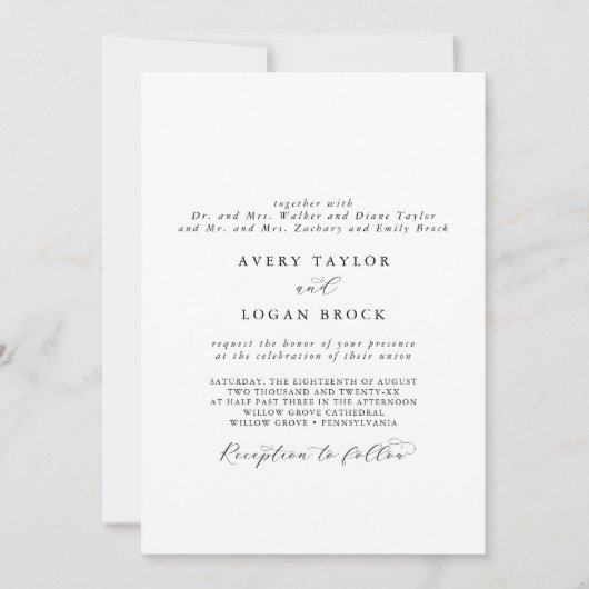 Elegant Script Formal Couple en Beide ouders bruil Kaart (Voorkant)