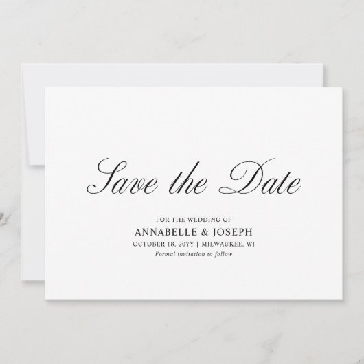 Elegant Script Formele Witte Bruiloft Bewaar de Da Kaart (Voorkant)
