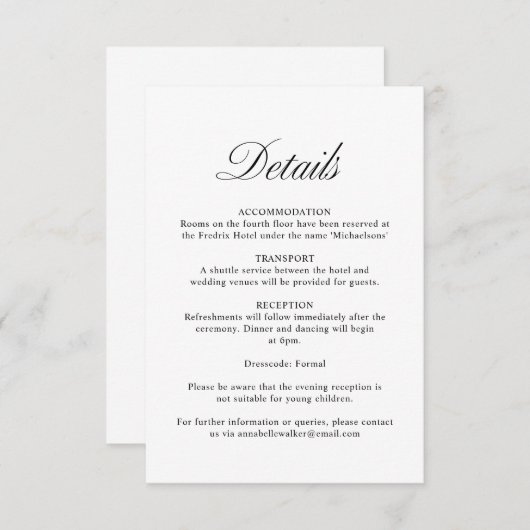 Elegant Script Formele Witte Bruiloft Details Informatiekaartje (Voorkant / Achterkant)
